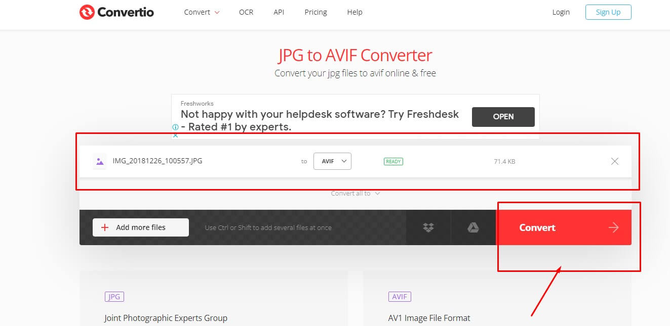 Convert JPEG to AVIF in Convertio